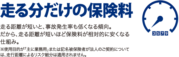 走る分だけの保険料　走る距離が短いと、事故発生率も低くなる傾向。だから、走る距離が短いほど保険料が相対的に安くなる仕組み。※使用目的が「主に業務用」または記名被保険者が法人のご契約については、走行距離によるリスク細分は適用されません。