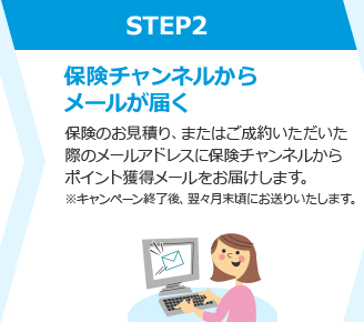 STEP2 保険チャンネルからメールが届く 保険のお見積り、またはご成約いただいた際のメールアドレスに保険チャンネルからポイント獲得メールをお届けします。※キャンペーン終了後、翌々月末頃にお送りいたします。